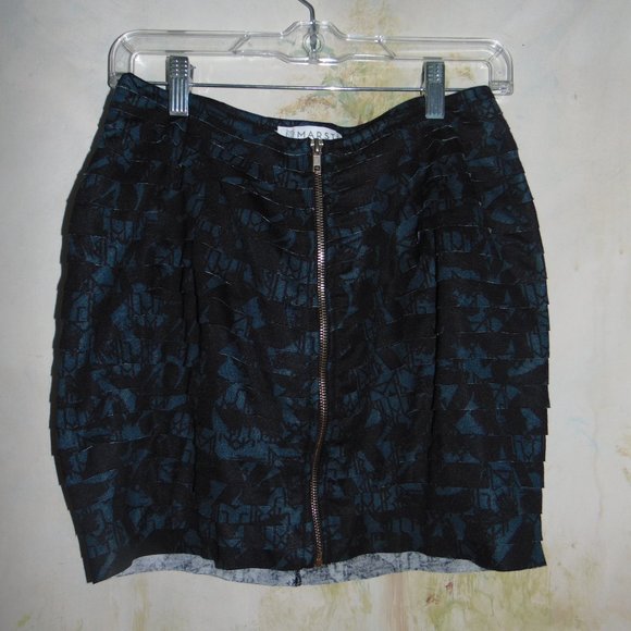 Marste Tiered Ruffle Mini Skirt Black Blue Geometric Zippered Front Size 12-14 - Picture 4 of 7